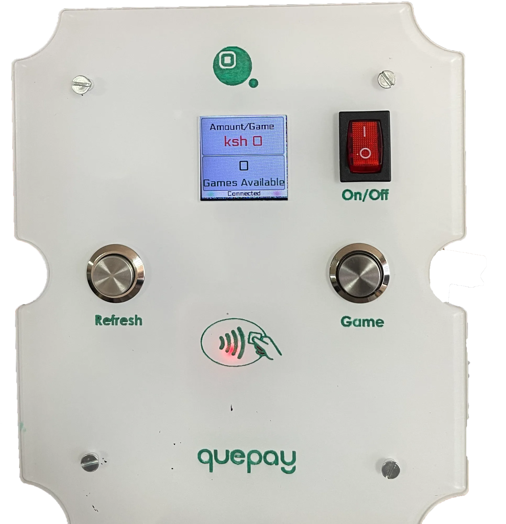 QuePay pool table payment controller — showing Amount/Game display and NFC tap zone